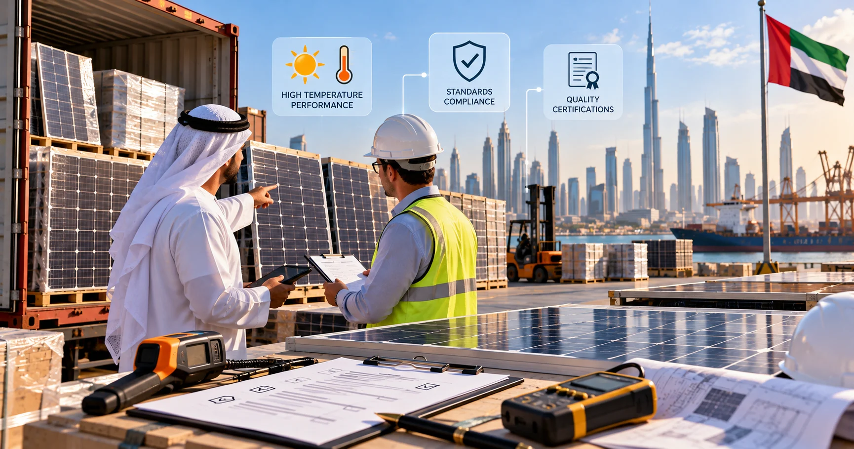 استيراد الألواح الشمسية إلى الإمارات: مطابقة المواصفات وضمان الأداء في المناخ الحار